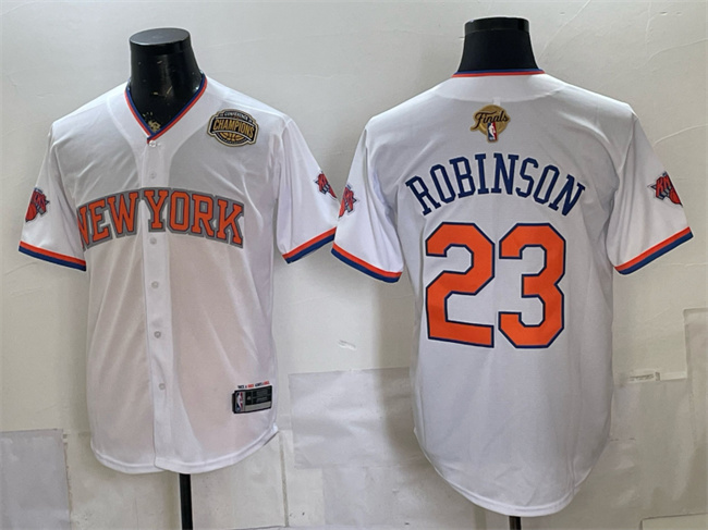 Men's New York Knicks #23 Mitchell Robinson White 2026 Finals & Eastern Conference Champions Patch Stitched Baseball Jersey Men's New York Knicks #23 Mitchell Robinson White 2026 Finals & Eastern Conference Champions Patch Stitched Baseball Jersey
